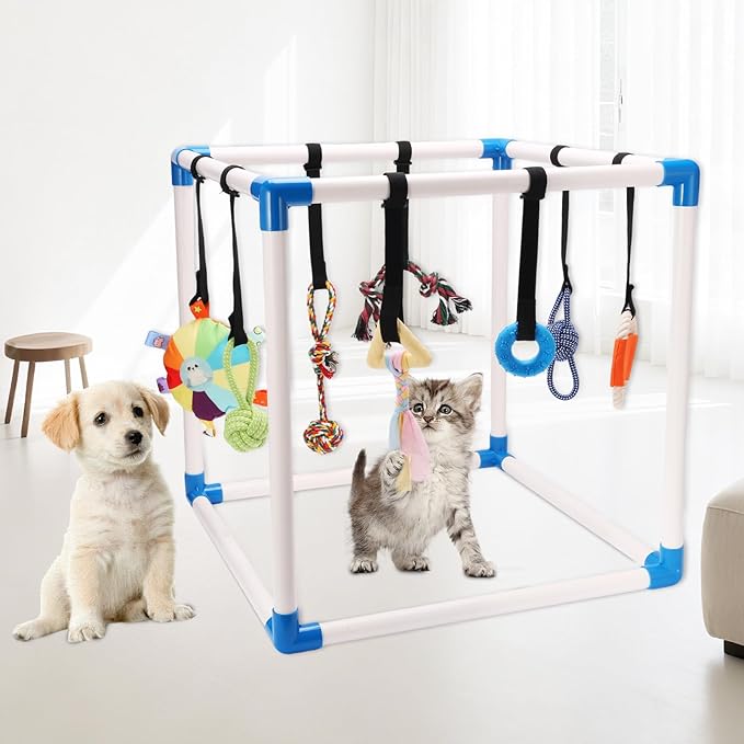 Puppy Play Gym with 8 Hanging Interactive Toys, Indoor Jungle Gym for Small Dogs & Puppies 0-6 Months, Adjustable PVC Frame, Teething Chew Toys for Mental Stimulation & Boredom Relief