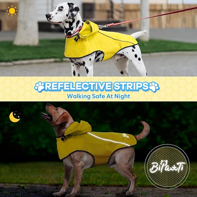BiPawTi Dog Rain Jackets for Large Dogs, Waterproof Raincoat for Dog, Lightweight Reflective Safety Pet Rain Coats with Hood/Leash Hole/Reflective Strip - Yellow, L