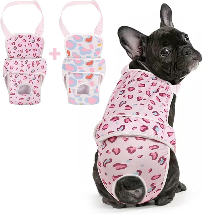 2 Pcs Dog Diaper Suspenders Female, Washable Dog Panties for Dogs in Heat with Cute Leopard Print, Escape Proof Dog Underwear Diapers, Reusable Pet Sanitary Pantie for Small Medium Girl Dogs,S