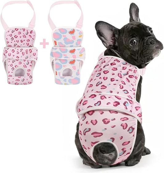 2 Pcs Dog Diaper Suspenders Female, Washable Dog Panties for Dogs in Heat with Cute Leopard Print, Escape Proof Dog Underwear Diapers, Reusable Pet Sanitary Pantie for Small Medium Girl Dogs,M