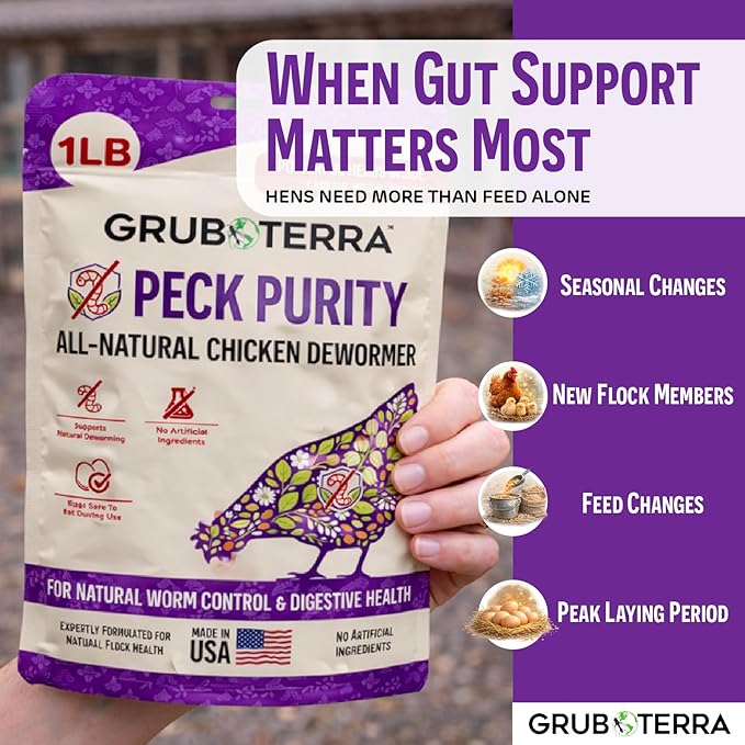 PeckPurity Natural Chicken Herbal Supplement Dewormer – Daily Gut Support with Diatomaceous Earth & Yucca Extract – for Hens, Chicks & Wild Birds – Plant-Based Digestive Health Blend – USA (1 LB)