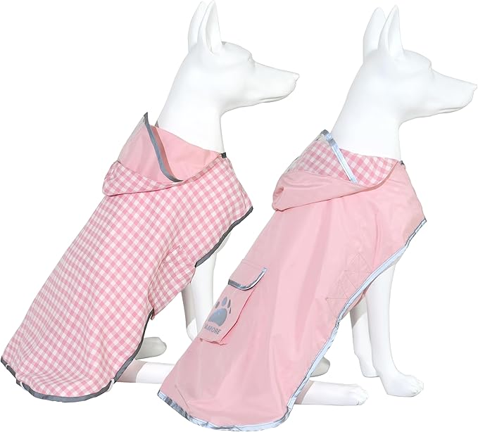 MAMORE Dog Raincoat Reversible,Waterproof Dog Rain Coat Hooded Slicker Poncho with Reflective Strip, Plaid Double Layer Rain Jacket for Small Medium Large Dogs (Pink, Medium(13-22lb))