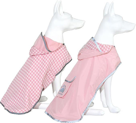 MAMORE Dog Raincoat Reversible,Waterproof Dog Rain Coat Hooded Slicker Poncho with Reflective Strip, Plaid Double Layer Rain Jacket for Small Medium Large Dogs (Pink, XX-Large(55-77lb))