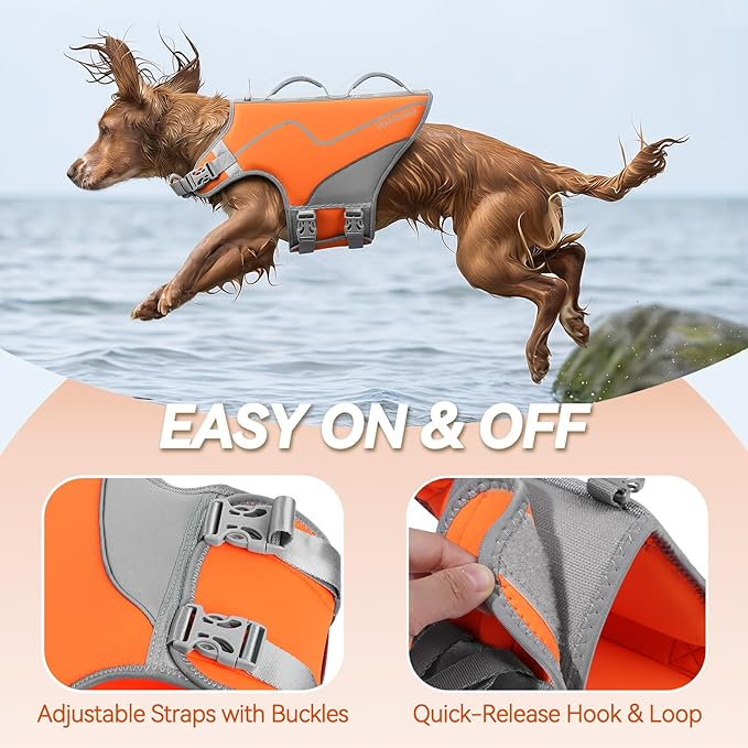 VIVAGLORY Neoprene Dog Life Vest, Dog Life Jacket for Swimming & Boating, Lightweight & Buoyancy for Puppy Doggy, Swimming Vest with Handle, L, Orange
