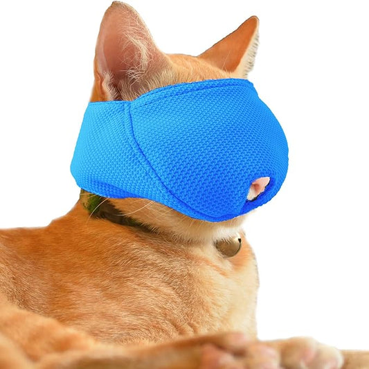 Cat Muzzle with Soft Flexible Fabric, Cat Mask Mouth Guard Muzzle for Prevent Biting Chewing Grooming, Anti Scratch (S,Blue)