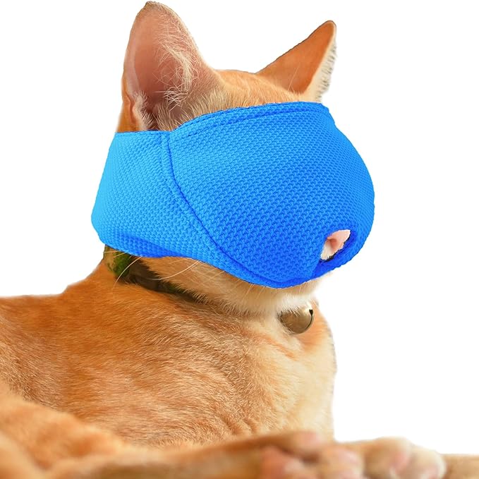 Cat Muzzle with Soft Flexible Fabric, Cat Mask Mouth Guard Muzzle for Prevent Biting Chewing Grooming, Anti Scratch (L,Blue)