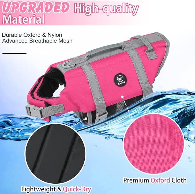 EMUST Dog Life Preserver, Pet Flotation Vest for Swimming, Beach Boating with High Buoyancy, Dog Flotation Vest for Small/Medium/Large Dogs, M, NewSolidpink