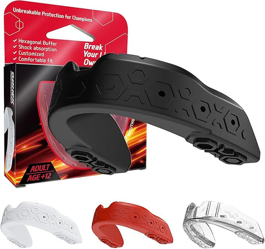 GOHEX Sports Mouthguard for Adults – Shock-Absorbing Mouth Guard with Chin Guard for All Contact Sports, Boxing, Lacrosse, Football, Hockey, MMA, and Martial Arts (Black)
