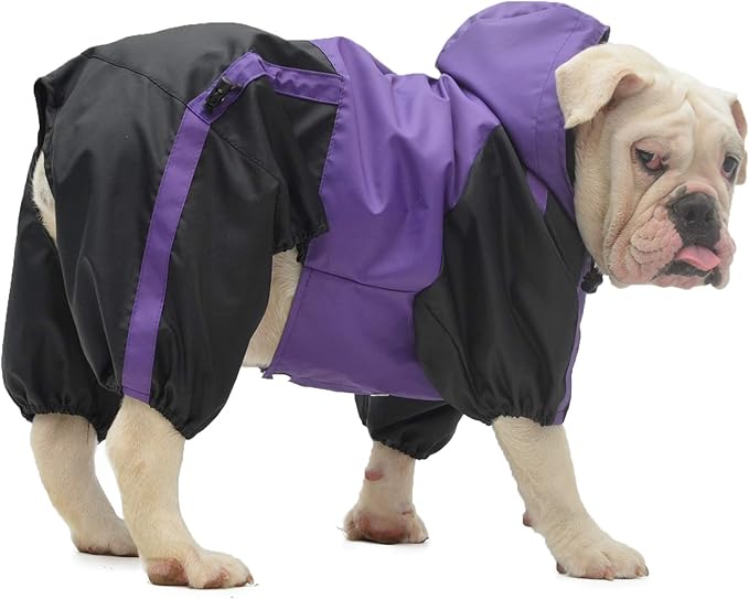 Lovelonglong American Bully Pitbull Dog Hooded Raincoat, Bulldog Rain Jacket Poncho Waterproof Clothes with Hood Breathable 4 Feet Four Legs Rain Coats for Pugs English French Bulldog Purple B-M