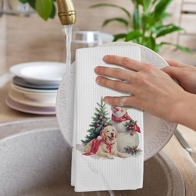 Christmas Golden Retriever Gifts Kitchen Towels, Xmas Snowman Dish Tea Towels for Kitchen, Christmas Winter Hand Towel for Bathroom Decor, Golden Retriever Gift for Dog Lovers, 16x24 Inch
