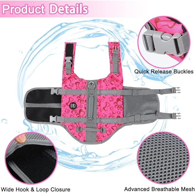 EMUST Dog Life Jacket, Lightweight Dog Life Vests with Rescue Handle for Small Medium and Large Dogs, Pet Safety Swimsuit Preserver for Swimming Pool Beach Boating, 2XL, NewPink