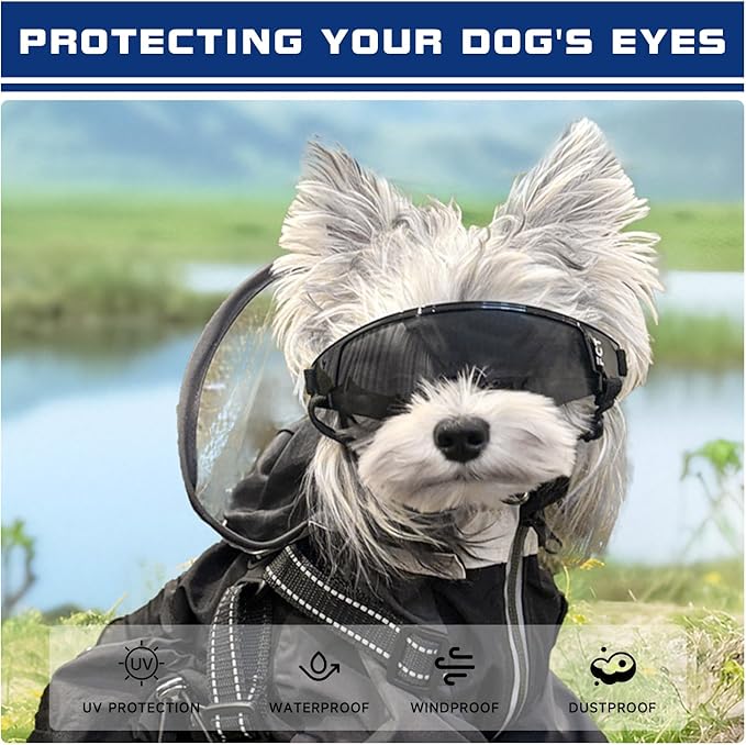 Dog Goggles for Small to Medium Breed, Dog Sunglasses UV Protection, Windproof & Anti-Fog, Puppy Sunglasses with Padded Frame and Adjustable Straps for Outdoor Riding, Driving（Black）