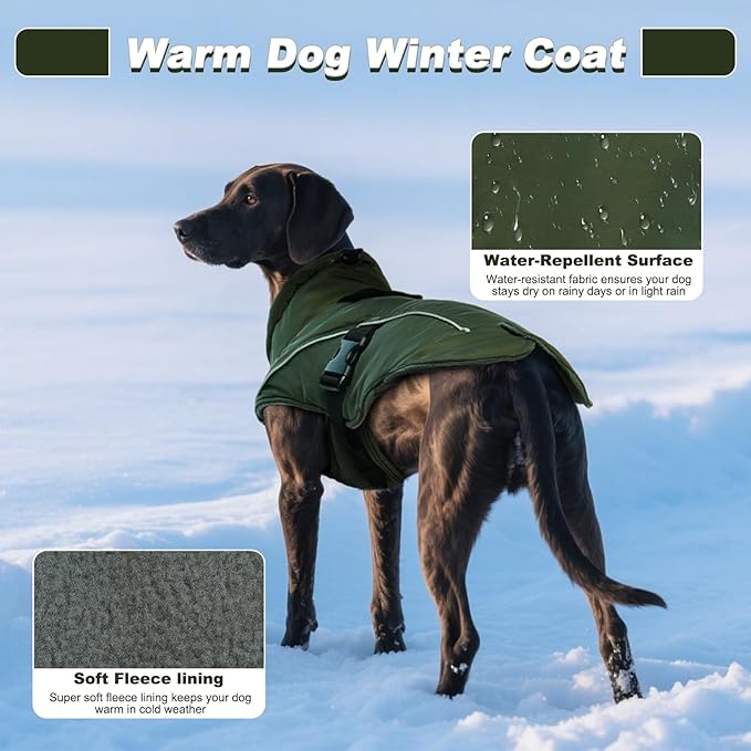 DENTRUN Winter Warm Dog Coat Reflective Jacket with Turtleneck for Cold Weather, Adjustable Buckle Windproof Water Repellent, Thick Snowsuit Fleece Vest for Small, Medium, Large Dogs, Green, XXL