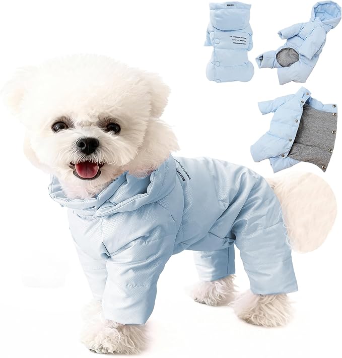 White Duck Down Dog Coat - 4-Leg Coverage, Waterproof Windproof Warm Winter Snowsuit, Cotton Anti-Static Lining, Built-in Harness Hole for Small/Medium Dogs,Size 11(XS) Sky Blue