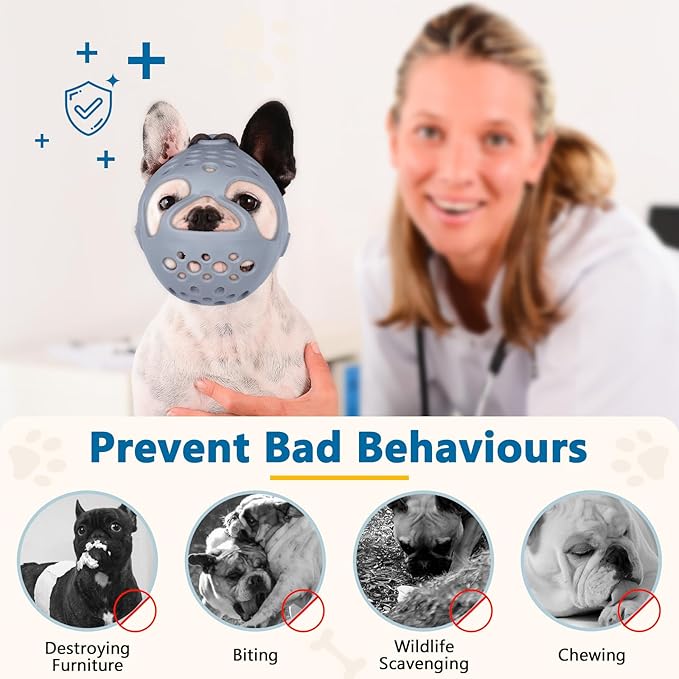 BARKLESS Short Snout Dog Muzzle, Soft Silicone Flat Faced Muzzle for French Bulldog Shih Tzu and Pug for Biting Chewing Licking and Grooming, Allows Panting
