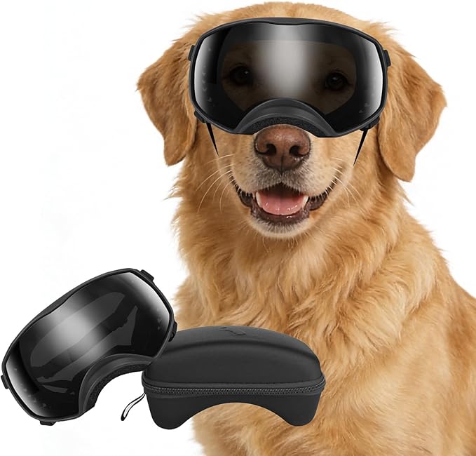 PETLESO Dog Goggles for Large Breed, Dog Sunglasses Medium Large Breed Wide View Pet Eye Protection with Adjustable Straps for Driving Riding Hiking, Black Lens