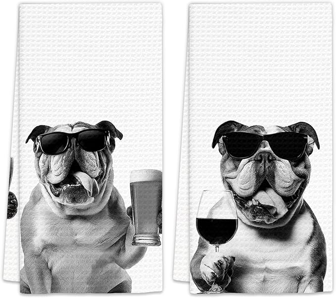 English Bulldog Gifts Wine Kitchen Towels Set of 2, Funny English Bulldog Wine Lover Decorative Hand Dish Towel for Kitchen Home Bar, Gifts for Dog Beer Lovers Home Bar Cart Decor(16x24Inch)