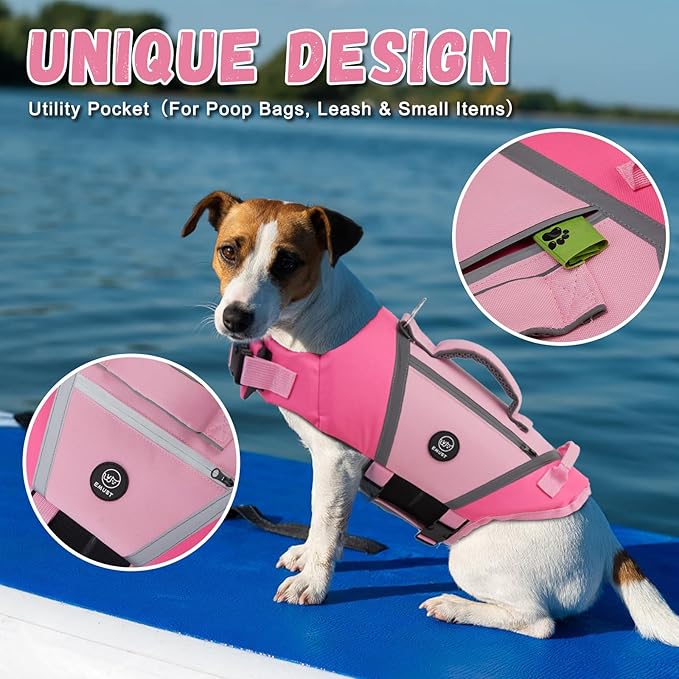 EMUST Dog Life Vests for Swimming, Adjustable Dog Life Jackets for Small Dogs with Hook & Loop, Reflective Dog Swim Vest with Quick-Release Buckles for Bulldogs, Dachshunds, Corgis, Pink, S