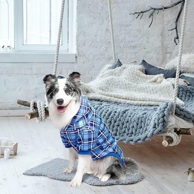 EXPAWLORER Plaid Dog Hoodie - British Style Warm Dog Sweater Shirt with Leash Hole,Pitbull Clothes Outfits,Winter Coat Apparel for All Breeds Puppy Girl Boy-Cat Apparel,Blue X-Large