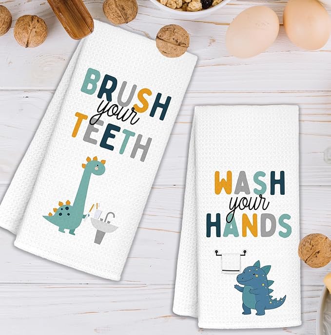 Funny Dinosaur Bathroom Hand Towels Set of 2, Dinosaur Gifts for Kids, Kids Bathroom Decor, Brush Your Teeth Wash Your Hands Hand Towels for Bath Room Washroom Toilet, 16x24 Inch