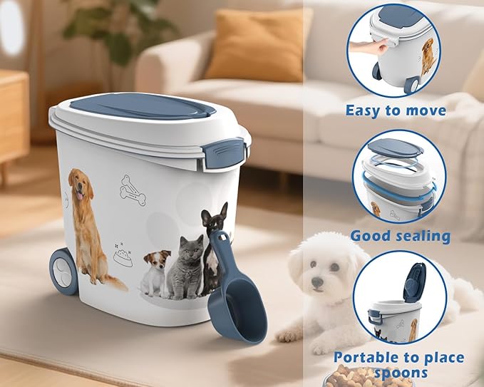 DRATO Pet Food Storage Container with Wheels Resin 30LB Capacity Dog Food Container with Slow Feeder Bowl and Scoop Easy to Move to Keep Food Fresh for Dogs, Cats, Birds