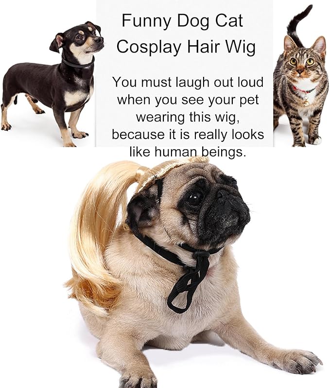Funny Dog Wig Pet Costumes, Cat Costume Synthetic Hairpiece Cosplay Wigs, Headwear for Halloween Christmas Festivals Party Decor, Fancy Dress,Adjustbale Size,30CM Blonde Ponytail