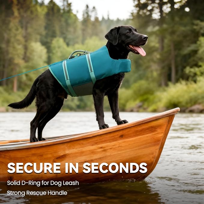 VIVAGLORY Rip Stop Dog Life Vest, Swimming Vest with Handle, Buoyancy for Doggy Puppy, Dog Life Jacket for Swimming & Boating, M, Turquoise