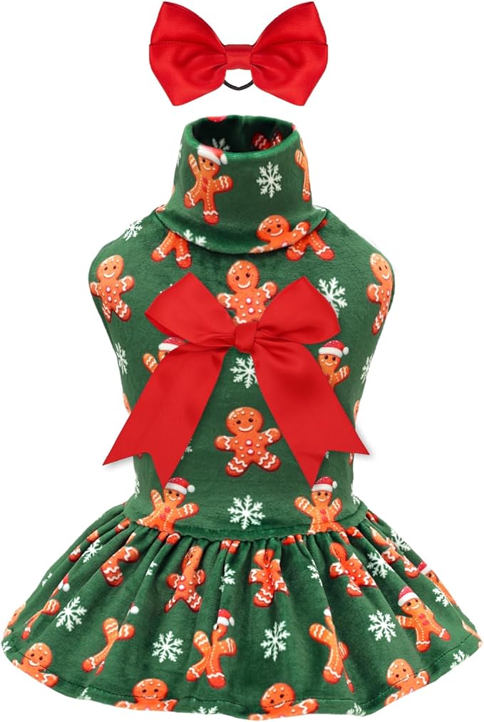CuteBone Turtleneck Dog Velvet Dress Christmas Puppy Skirt Costume Pet Clothes Cat Apparel with Bow Hair Rope for Small Dogs CVD25L