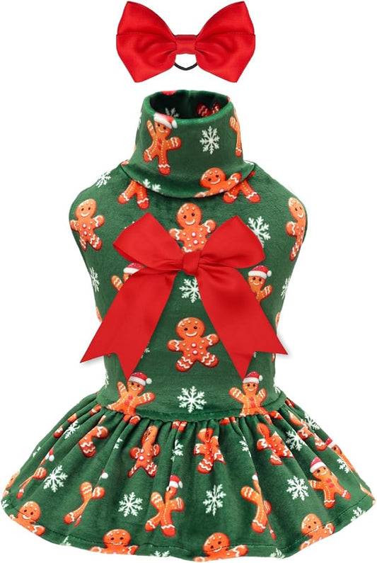 CuteBone Turtleneck Dog Velvet Dress Christmas Puppy Skirt Costume Pet Clothes Cat Apparel with Bow Hair Rope for Small Dogs CVD25L