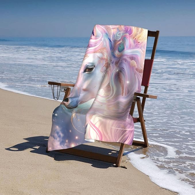 Unicorn Beach Towel 31inx51in, Cute Sand-Free Microfiber Bath Towel Ultra Soft Quick Dry Pool Towel Absorbent Towel Lightweight Towel for Swimming Bathroom Decor