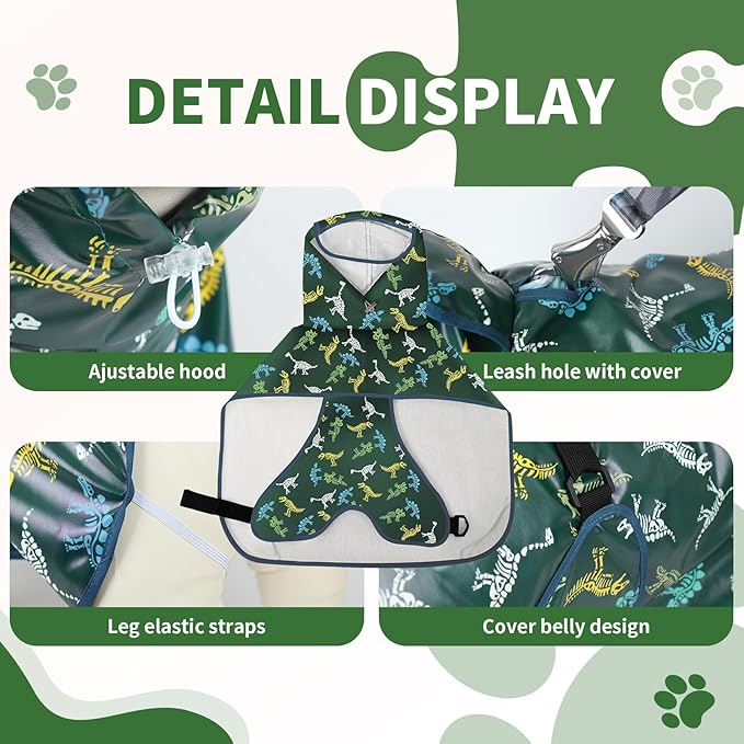 Dog Raincoat, Waterproof Windproof Dog Rain Jacket with Hood, Rain Coat with Leash Hole, Adjustable Raincoat Poncho for Small Medium Large Dogs Outdoor (Green, M-)