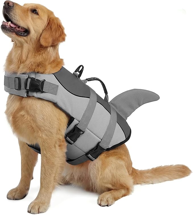 Queenmore Dog Life Jacket Ripstop Shark Dog Safety Vest Adjustable Preserver with High Buoyancy and Durable Rescue Handle for Small,Medium,Large Dogs, Grey Shark XX-Large