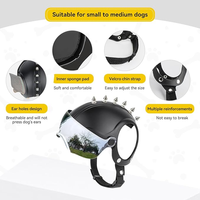 PETLESO Small Dog Helmet, Pet Motorcycle Helmet with Ear Holes, Adjustable Pet Safety Hat with Flip-Up Silver Visor, Small-Medium Puppy Heads Protection, Spiked