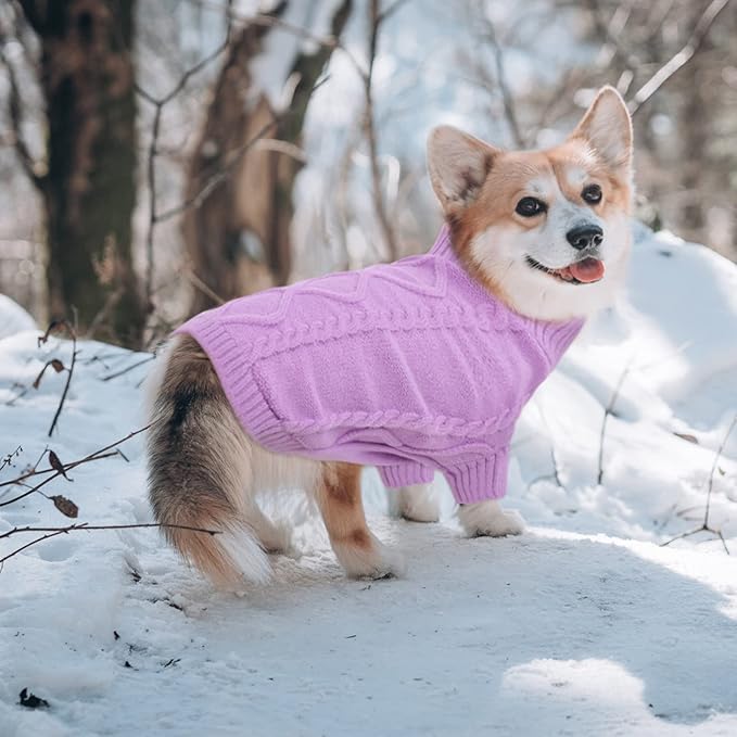 Queenmore Small Dog Pullover Sweater, Cold Weather Cable Knitwear, Classic Turtleneck Thick Warm Clothes for Chihuahua, Bulldog, Dachshund, Pug (Lilac, Medium)