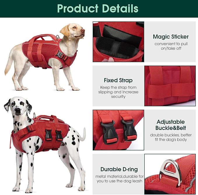 Kuoser Dog Life Jacket High Flotation, Reflective Dogs Life Vest for Swimming Boating, Adjustable Small Medium Large Dog lifejacket, Lightweight Dogs Life Preserver Rescue Handle Spring Summer Pool