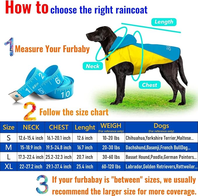 Dog Rain Jackets for Large Dogs, Lightweight Reflective Safety Pet Rain Coats, Waterproof Dog Raincoats with Hood/Leash Hole/Reflective Strip - Yellow + Blue, L