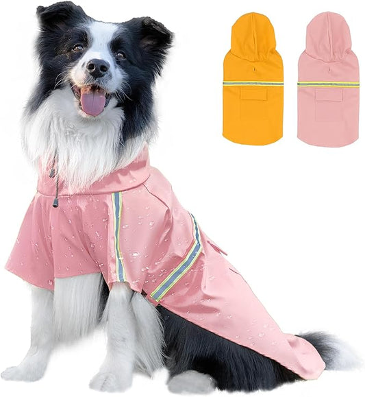 Dog Raincoat, Waterproof Windproof Dog Rain Jacket Adjustable, Rain Coat with Leash Hole, Reflective Strap Raincoat Poncho for Small Medium Large Dogs Outdoor (Reflection-Pink, XXS)
