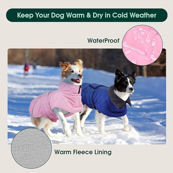 Kuoser Extra Warm Dog Coat, Windproof Cold Weather Dog Jackets for Large Dogs, Thick Fleece Lining Pet Turtleneck Snowsuit Reflective Adjustable Puppy Winter Coat Doggie Snow Jacket Pink, XL