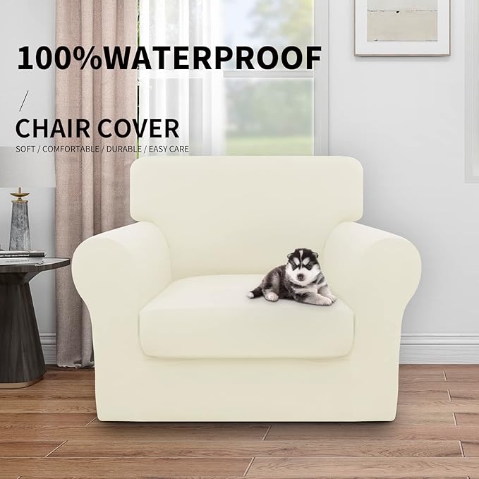 Easy-Going 100% Dual Waterproof 2 Pieces Chair Cover Stretch Soft Couch Cover for Dogs, Sofa Slipcover for 1 Separate Cushion Couch Leakproof Furniture Protector for Kids, Pets Ivory