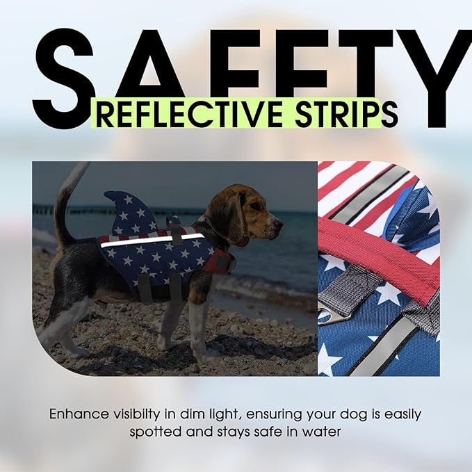 SUNFURA Dog Life Jacket Shark Life Vest for Dogs, Adjustable Swmming Vest with High Buoyancy, Safety Lifesaver with Rescue Handle for French Bulldog Small Medium Breeds, USAFlag2 S