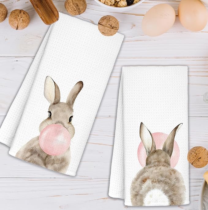 Pink Bubblegum Rabbit Bunny Kitchen Dish Towels Set of 2, Bunny Gifts for Women Girls, Kids Bathroom Decor, Rabbit Gifts Hand Tea Towels for Kitchen Bathroom Decor, 16x24 Inch