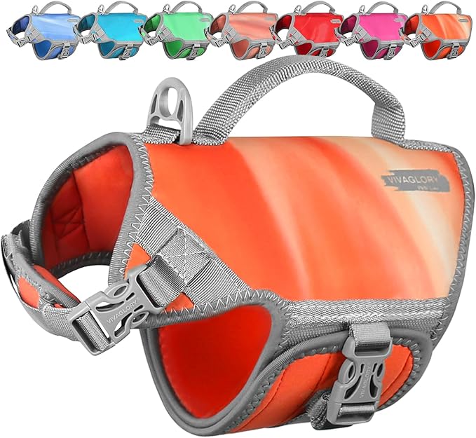 VIVAGLORY Neoprene Dog Life Vest, Dog Life Jacket for Swimming & Boating, Lightweight & Buoyancy for Puppy Doggy, Swimming Vest with Handle, XS, Orange Sunset
