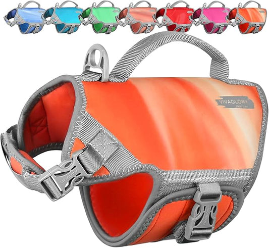 VIVAGLORY Neoprene Dog Life Vest, Dog Life Jacket for Swimming & Boating, Lightweight & Buoyancy for Puppy Doggy, Swimming Vest with Handle, XS, Orange Sunset