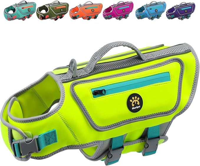 Dog Swimming Vest with D-Ring, Lightweight Dog Life Vests for Boating, Reflective Pet Lifejackets Swimsuit Neoprene Dogs Life Jacket with Rescue Handle for Small Medium Dogs (Green, S)