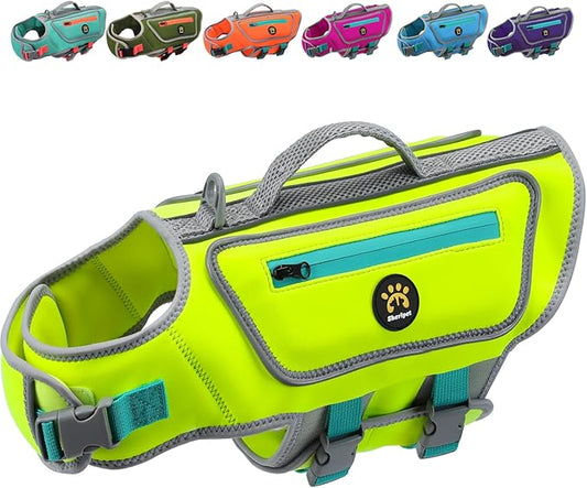 Dog Life Jacket for Small Dogs with High Buoyancy, Lightweight Dog Life Vest for Swimming Adjustable Reflective Dogs Floating Vest, Neoprene Rescue Handle Pet Life Preserver (Green, XS)