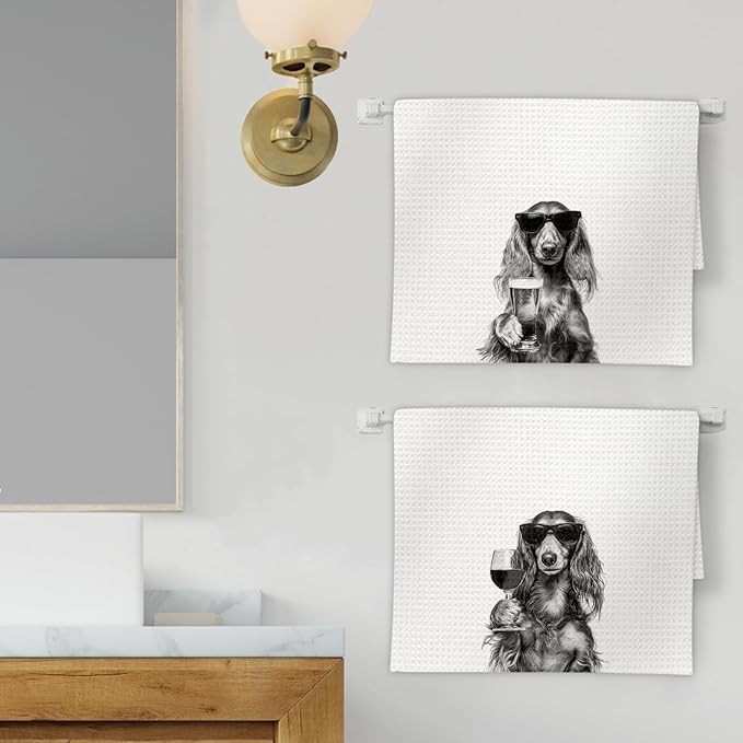 Long Haired Dachshund Gifts Wine Kitchen Towels Set of 2, Funny Dachshund Wine Lover Decorative Hand Dish Towel for Kitchen Home Bar, Gifts for Dog Beer Lovers Home Bar Decor(16x24Inch)