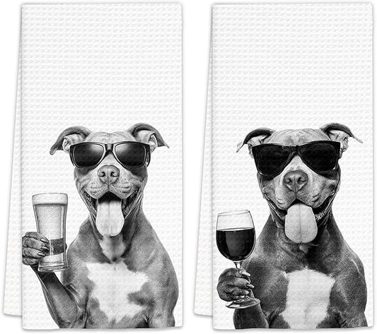 Pitbull Gifts Wine Kitchen Towels Set of 2, Gifts for Pit Bull Dog Wine Lovers Decorative Hand Dish Towel for Kitchen Home Bar, Funny Pitbull Dog Beer Lover Home Bar Cart Decor(16x24 Inch)