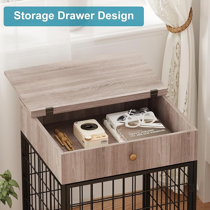 Decorative Grey Steel-Tube Dog Kennel Table with Drawer, Chew-Proof Indoor Pet Crate End Table for Small Dogs