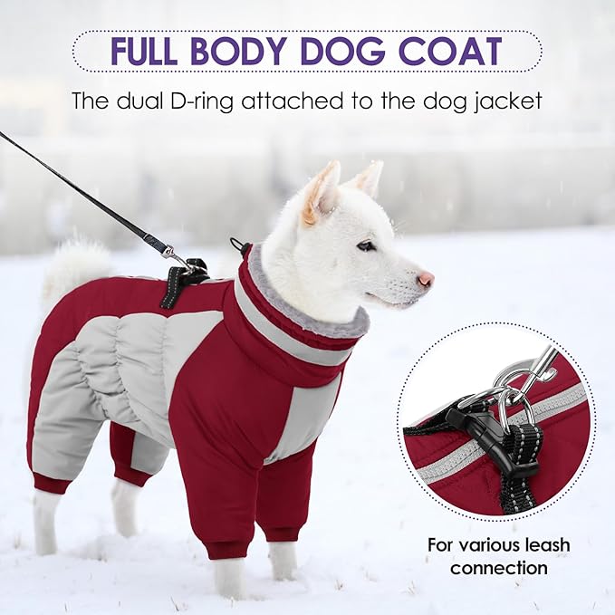 SUNFURA Full Body Dog Coat - Warm Fleece Jacket for Large Dogs, Turtleneck Winter Coats with Harness, Reflective Dog Snowsuit Windproof Puffer Jackets with Legs for French Bulldog, Burgundy L
