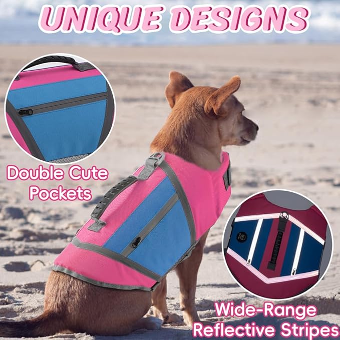 EMUST Dog Life Vests for Boating, Water-Resistant Dog Swimming Vest with Rescue Handle, Comfortable Fit Pet Life Jacket Medium with D-Ring for Rafting, Surfing, Canoeing, Pink&Blue, M